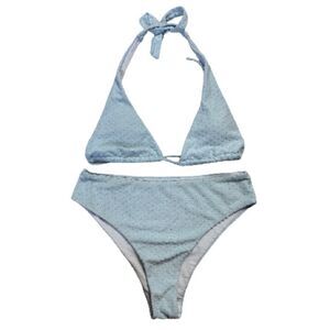 Romwe Baby Blue Swiss Dot Halter Neck 2-Piece Swim Set